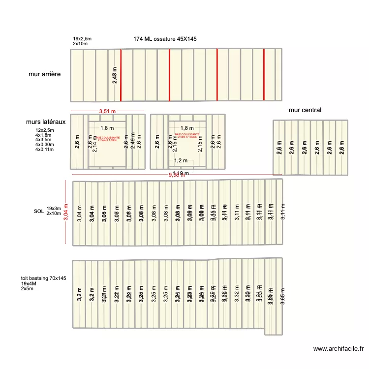 mur bois g&icirc;tes extension haute. Plan de 