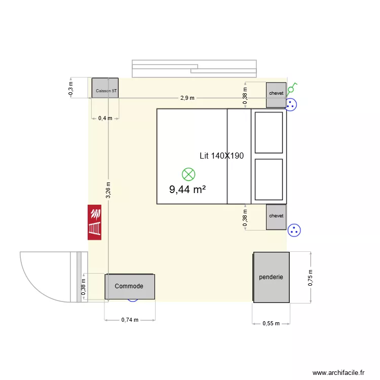 CHAMBRE1. Plan de 1  et 9 m²