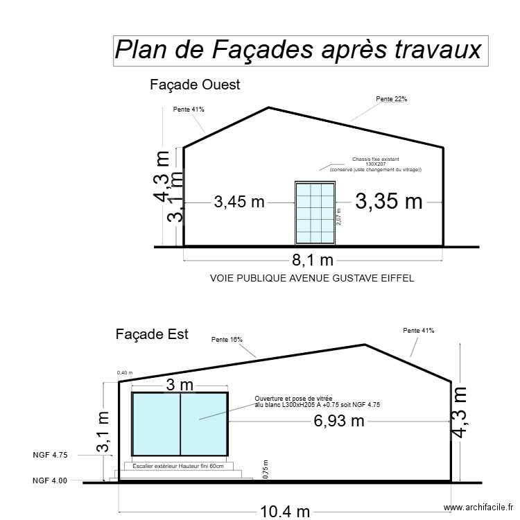 facades apres travaux p1. Plan de 2 pièces et 68 m2