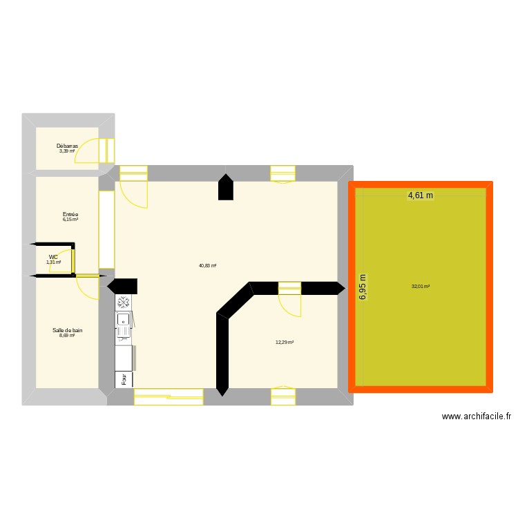 Plan RDC  avec extension. Plan de 7 pièces et 105 m2