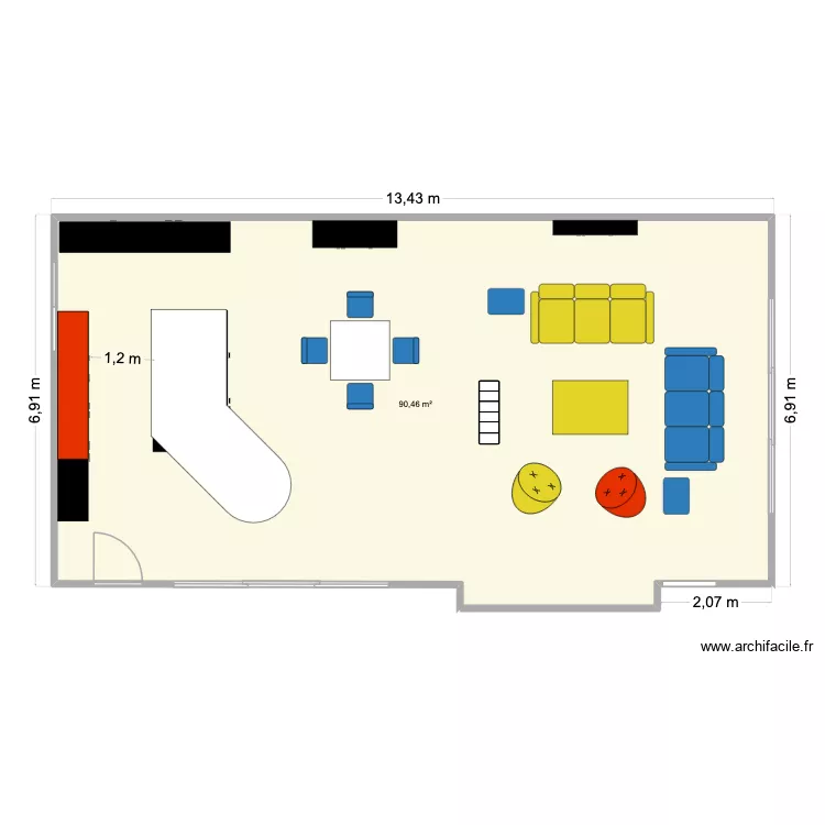 MOBILIER. Plan de 1 Pièce et 90 m²