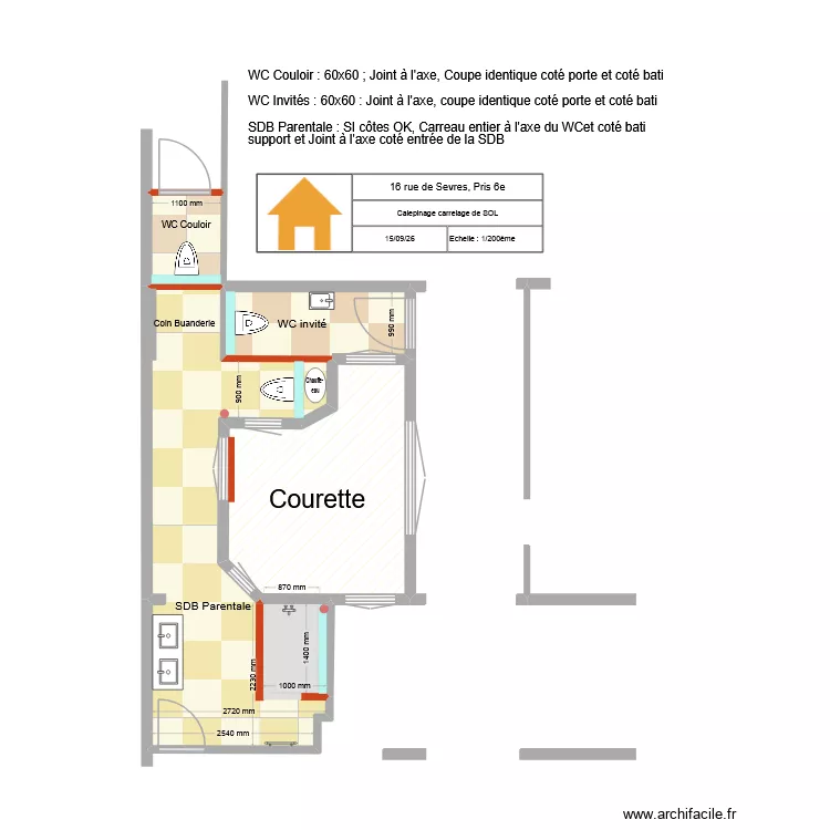 16 Sevres Calepinage Carrelage SOL. Plan de 4 Pièces et 25 m² 16 Sevres Calepinage Carrelage SOL. Plan de 4 Pièces et 25 m²