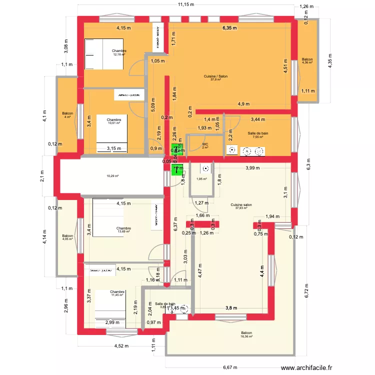plan travaux 2 eme version avec meubles. Plan de 15  et 178 m²