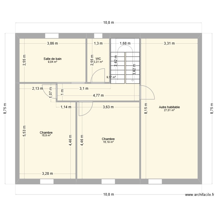 Etage maison V1. Plan de 6 pièces et 82 m2