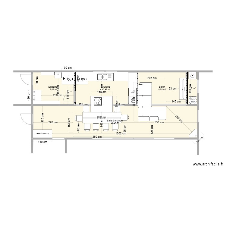 PIECE DE VIE . Plan de 5 pièces et 56 m2
