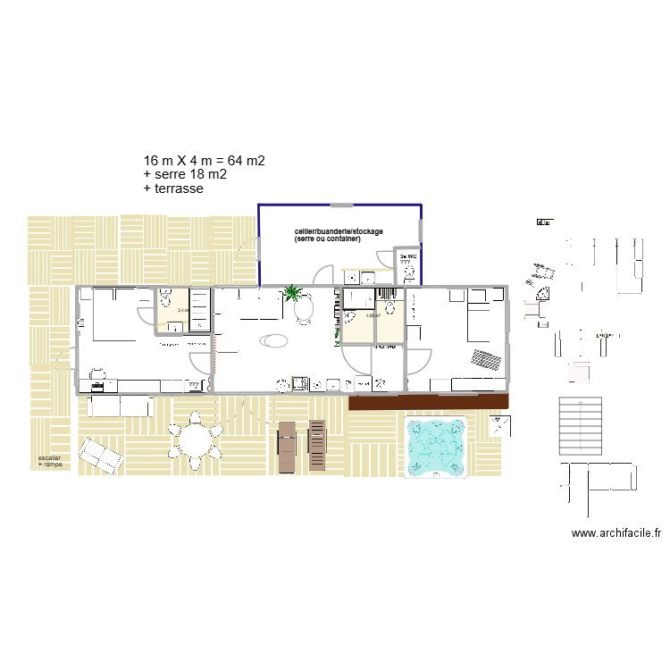 TEST 2 containers MRU 4X4X4. Plan de 2 pièces et 8 m2