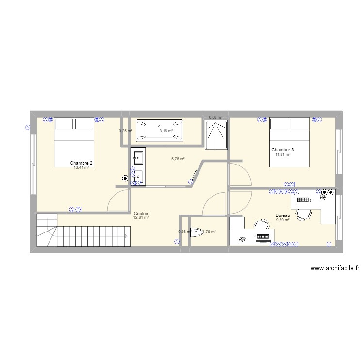 Plan R+1 PC . Plan de 10 pièces et 59 m2