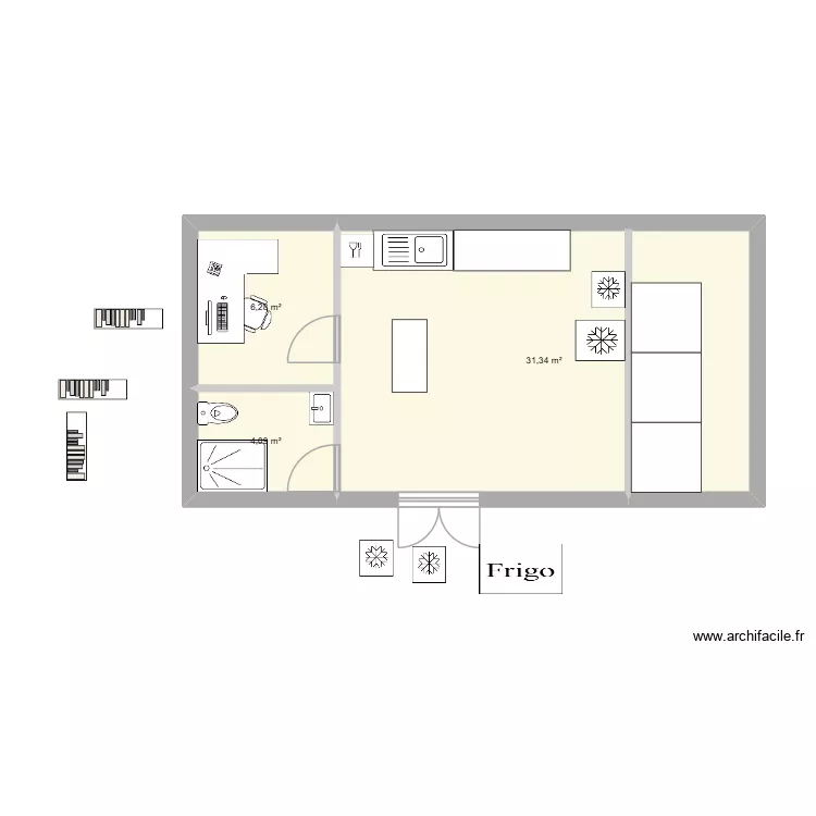 Atelier. Plan de 3  et 42 m²