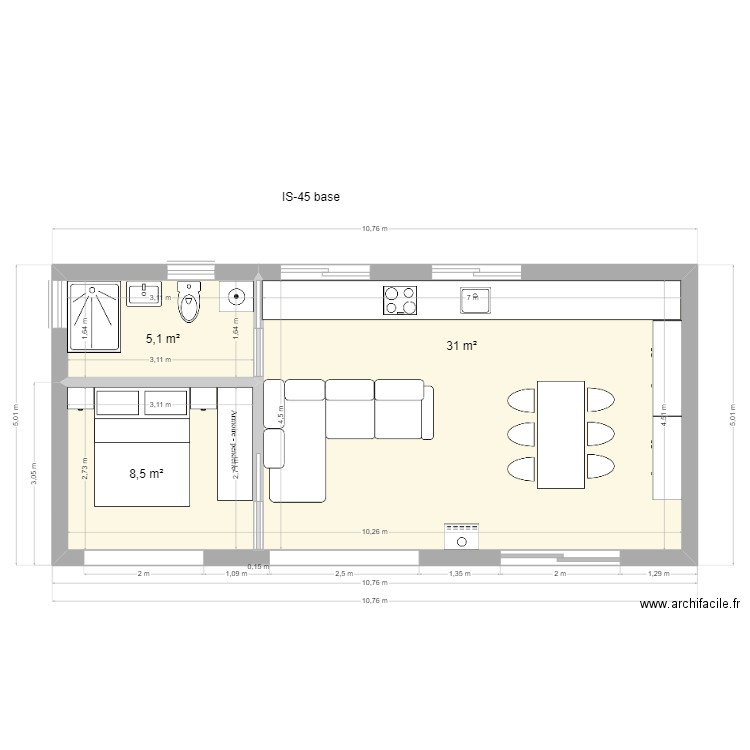 IS-45 base. Plan de 2 pièces et 45 m2