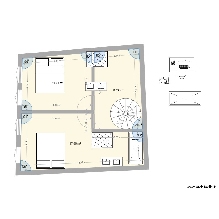 Plan étage garage ré coin cuisine. Plan de 3 pièces et 41 m2