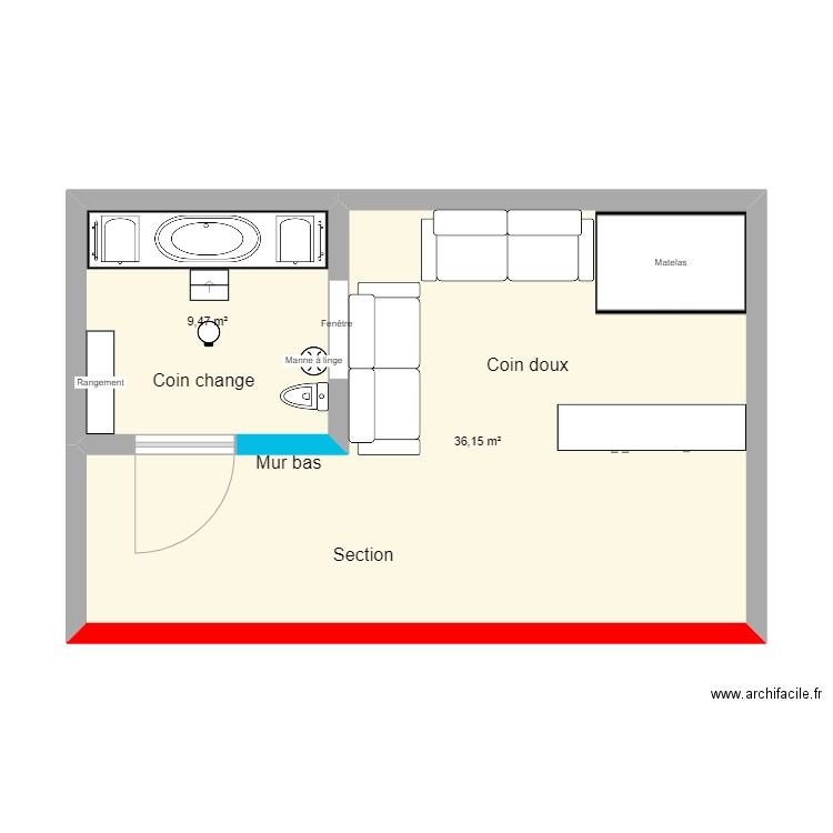 Crèche Anais MDP. Plan de 2 pièces et 46 m2