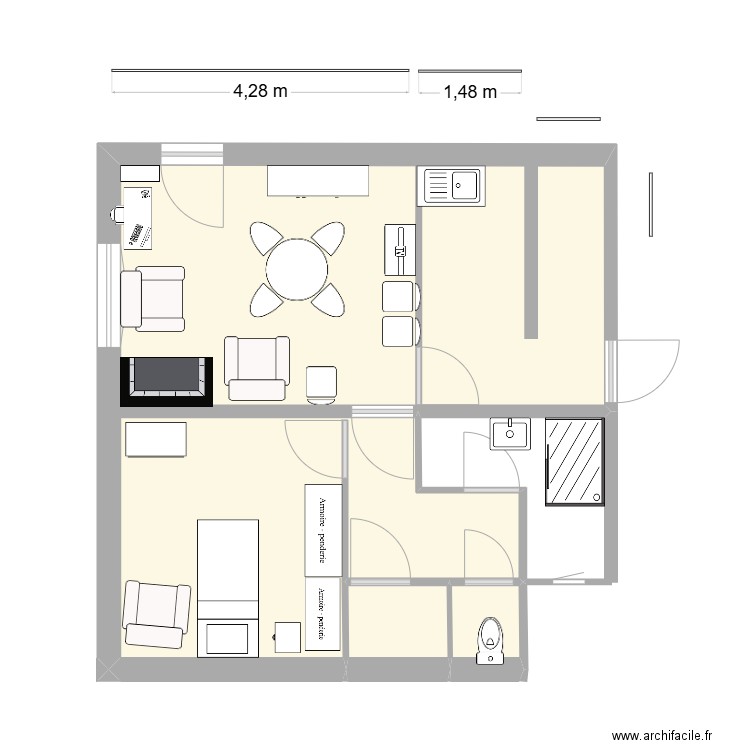 Philoctete Bas 01. Plan de 3 pièces et 42 m2