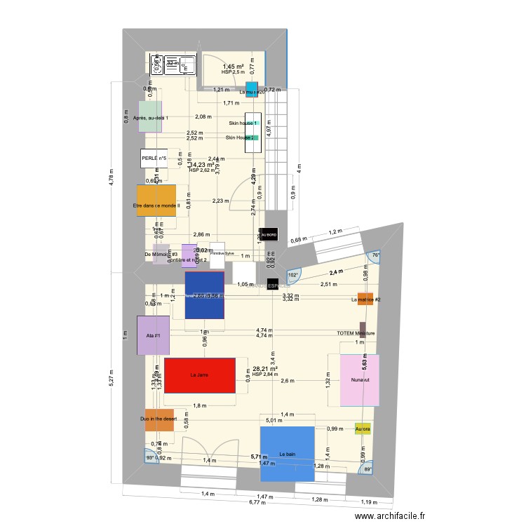 Galerie. Plan de 3 pièces et 44 m2