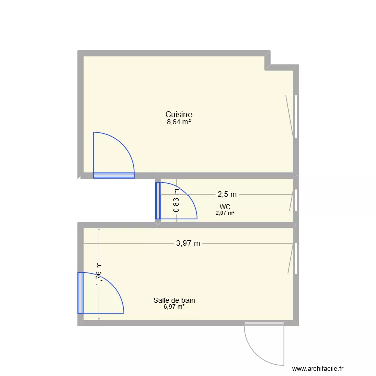 cuisine. Plan de 3  et 18 m²