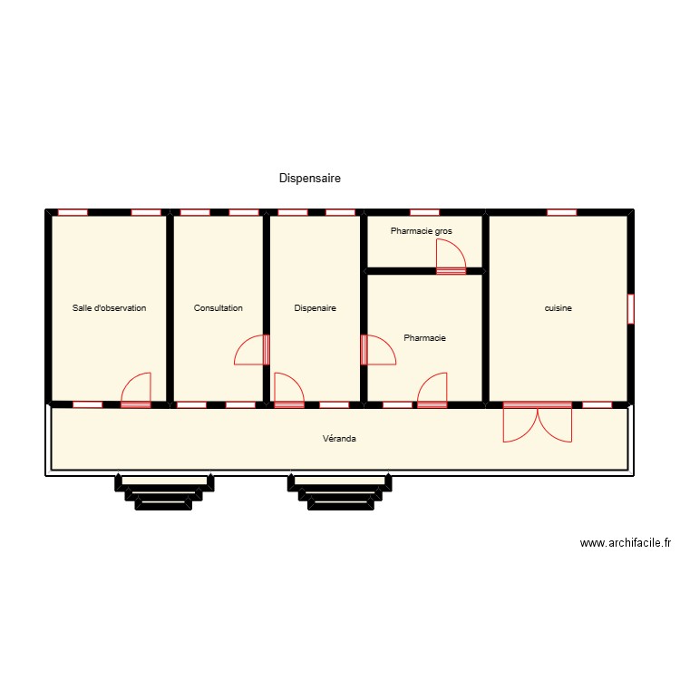 Vue en plan dispensaire de HONHOUE. Plan de 13 pièces et 59 m2