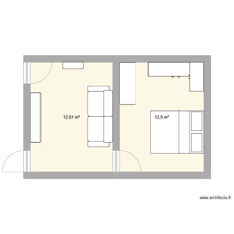 Salon V4+. Plan de 2 pièces et 26 m2