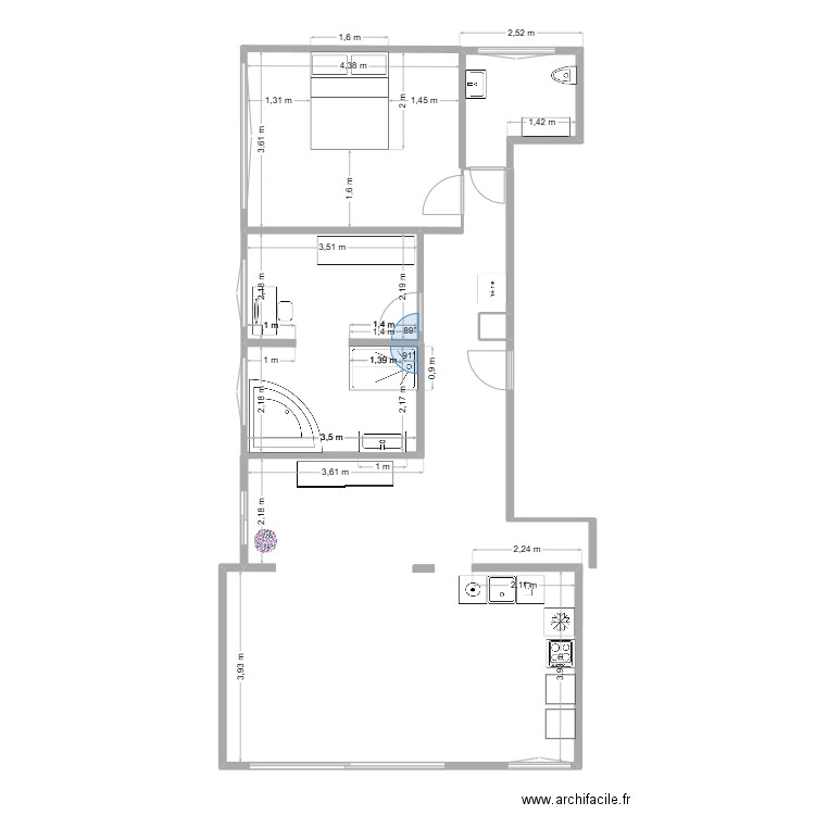 new avec hall d'entrée et cuisine dans le séjour. Plan de 3 pièces et 20 m2