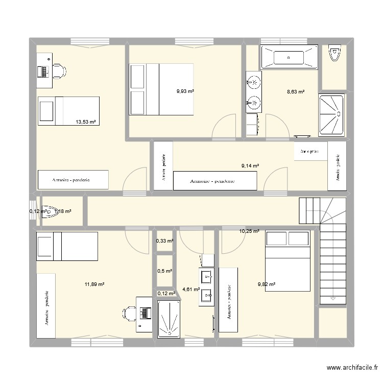 etage V3 meublé. Plan de 13 pièces et 80 m2
