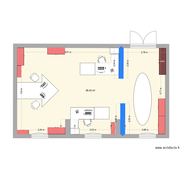 Plan Bureau. Plan de 1 pièce et 55 m2