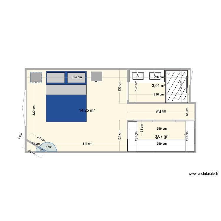 183B CHAMBRE V3. Plan de 3 pièces et 20 m2