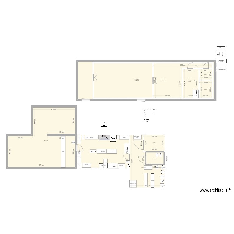 TRAVAUX CUISINE en L sans pylone. Plan de 11 pièces et 332 m2