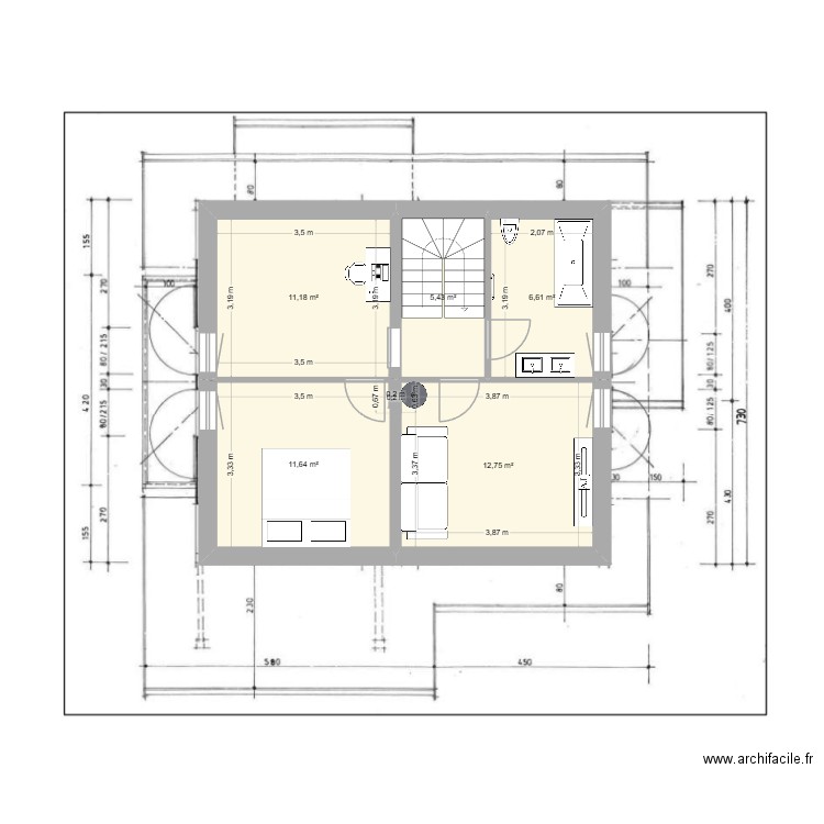 etage. Plan de 5 pièces et 48 m2