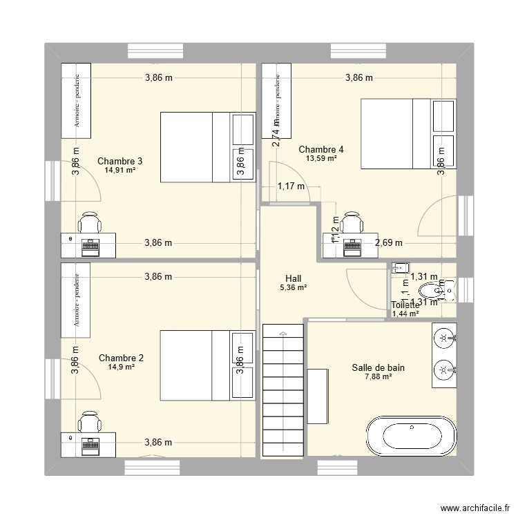 premier jet étage. Plan de 6 pièces et 115 m2