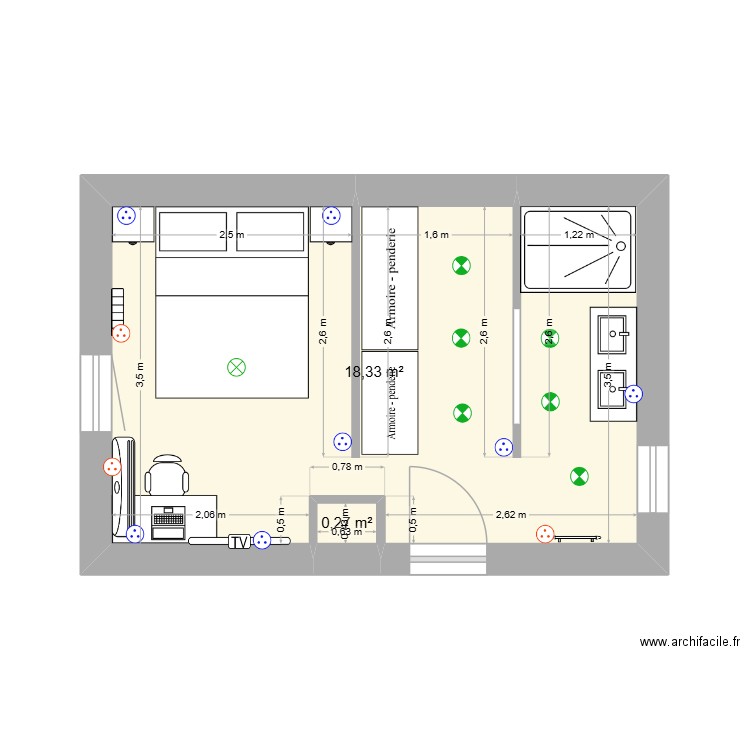 Plan avec verrières. Plan de 2 pièces et 19 m2