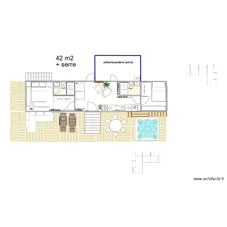 2 containers MRU en longueur. Plan de 2 pièces et 5 m2