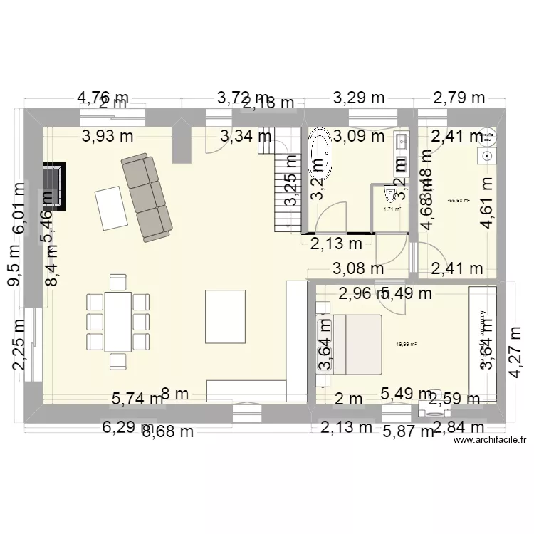 maison le gaulier. Plan de 3 Pièces et 32 m²