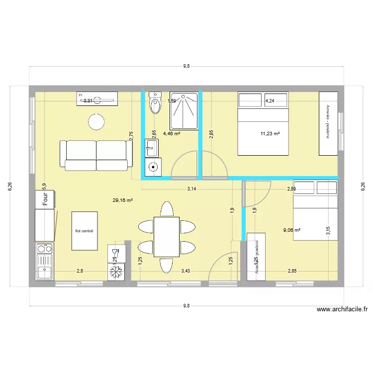 Carbet - 3v2. Plan de 4  et 54 m²
