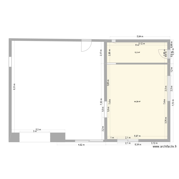 dimension. Plan de 2 pièces et 57 m2