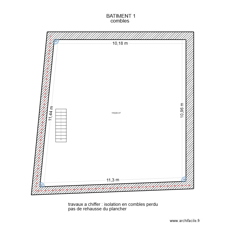 Bâtiment 1 comble aménagement mezzanine. Plan de 1 pièce et 120 m2