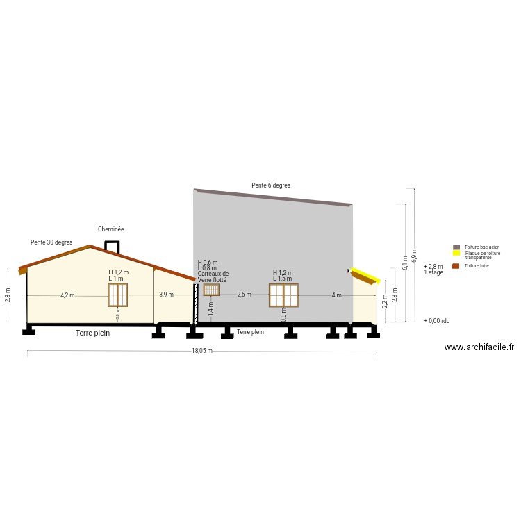 Plan coupe ouest ajsikugiuvku. Plan de 3 pièces et 56 m2