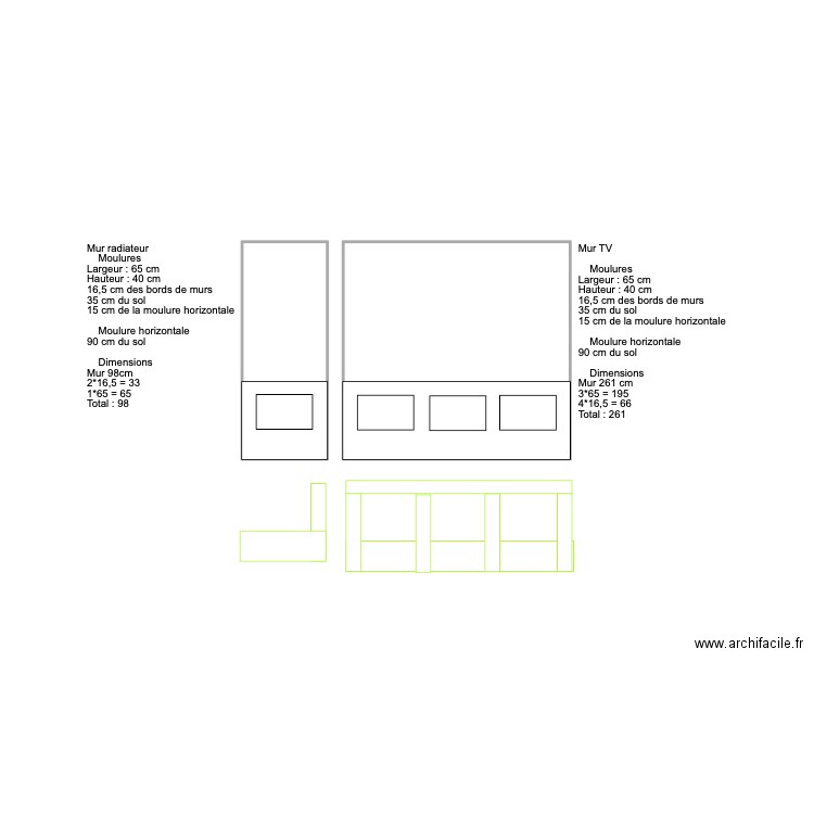 MOULURES N°1 - Modèle mur TV. Plan de 2 pièces et 9 m2