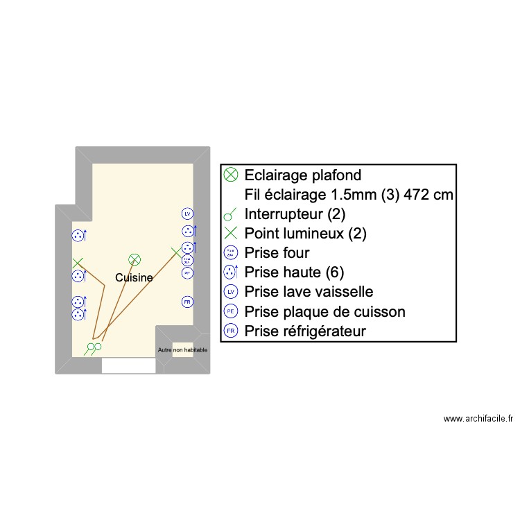 Plan électrique cuisine. Plan de 2 pièces et 5 m2