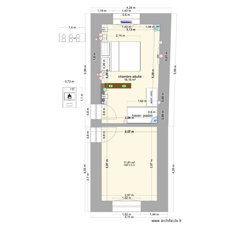 chambre adulte. Plan de 2 pièces et 28 m2