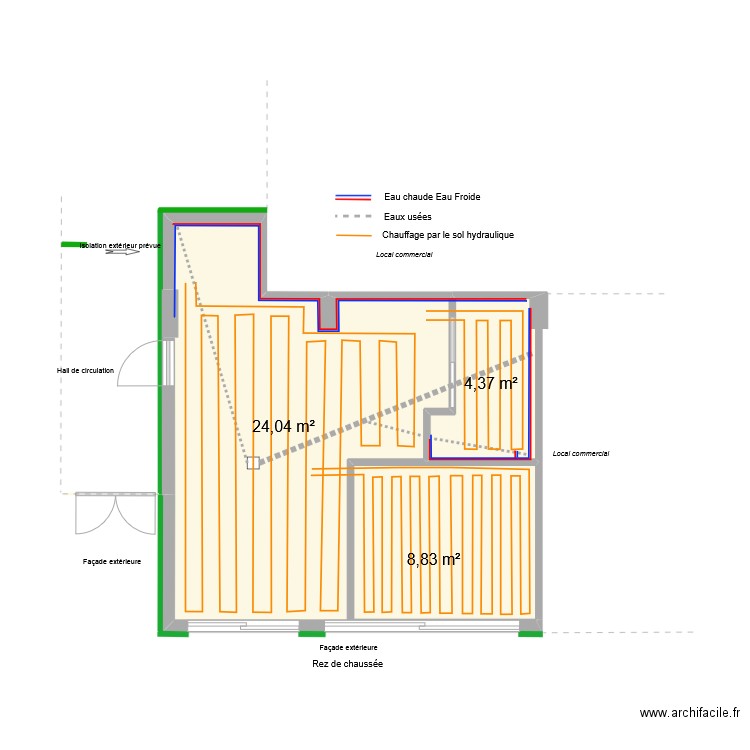 Studio Circuits Eau. Plan de 3 pièces et 37 m2