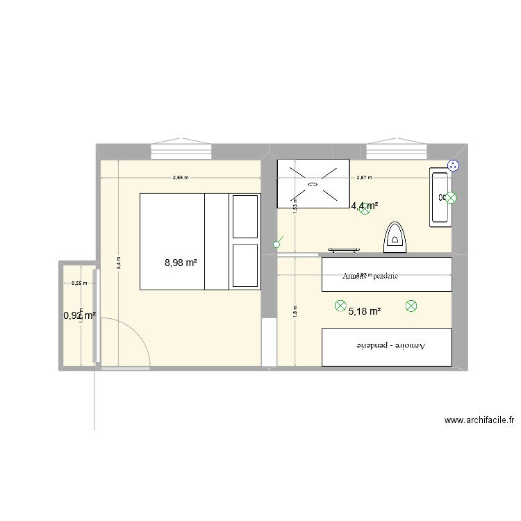 suite parentale final. Plan de 4 pièces et 19 m2