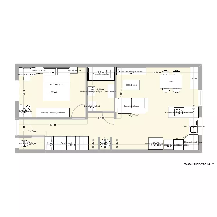 Plan appart avec couloir au milieu. Plan de 4  et 51 m²