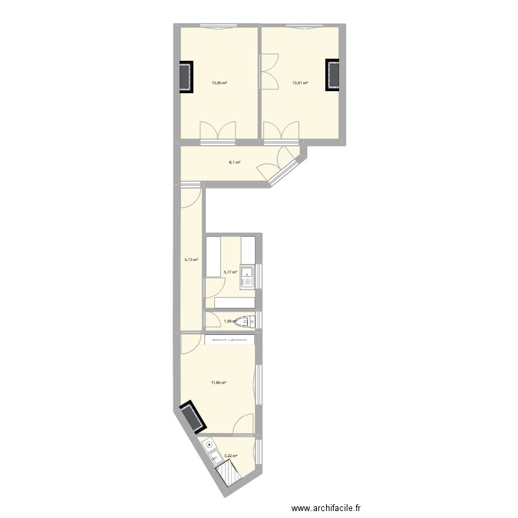 Appt 15. Plan de 8 pièces et 61 m2