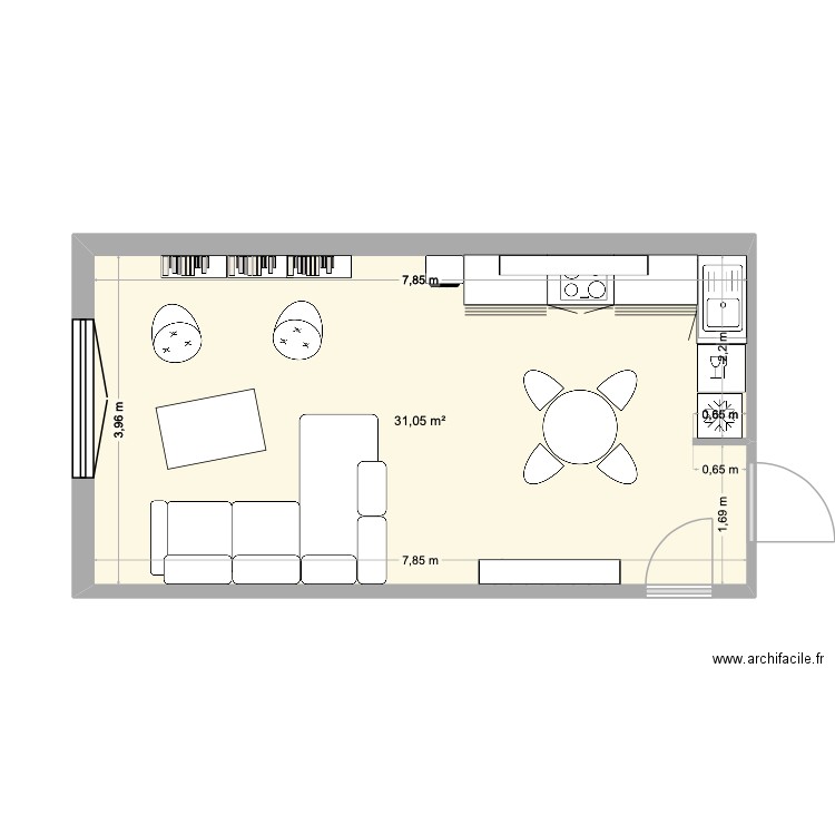 Hugo  plan tout ouvert cuisine en L au fond. Plan de 1 pièce et 31 m2