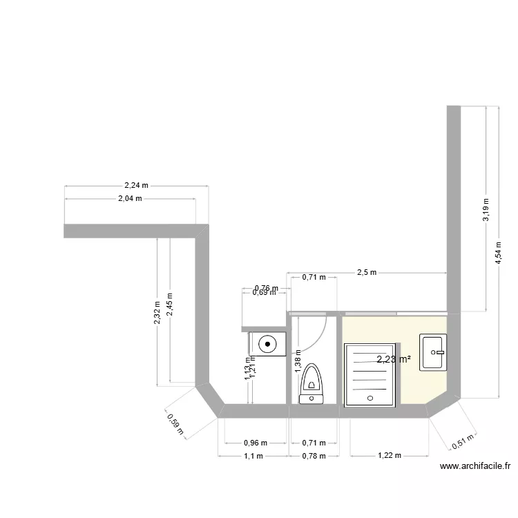 sdb wc separes. Plan de 1  et 2 m²