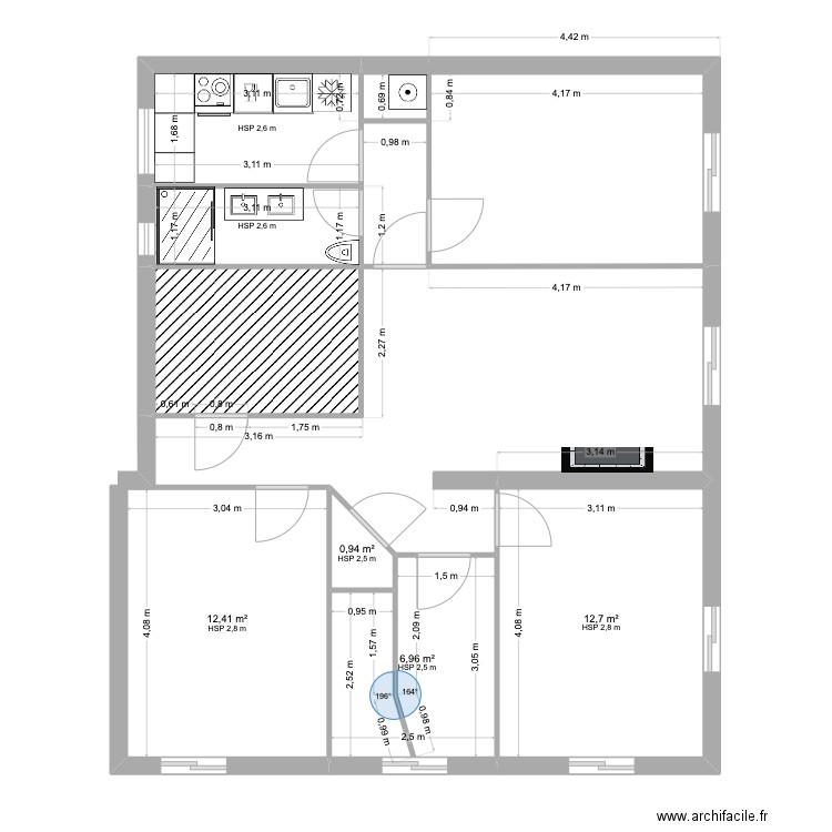 Plan initial. Plan de 8 pièces et 51 m2