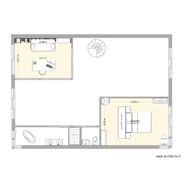 Plan cible combles. Plan de 2 pièces et 34 m2