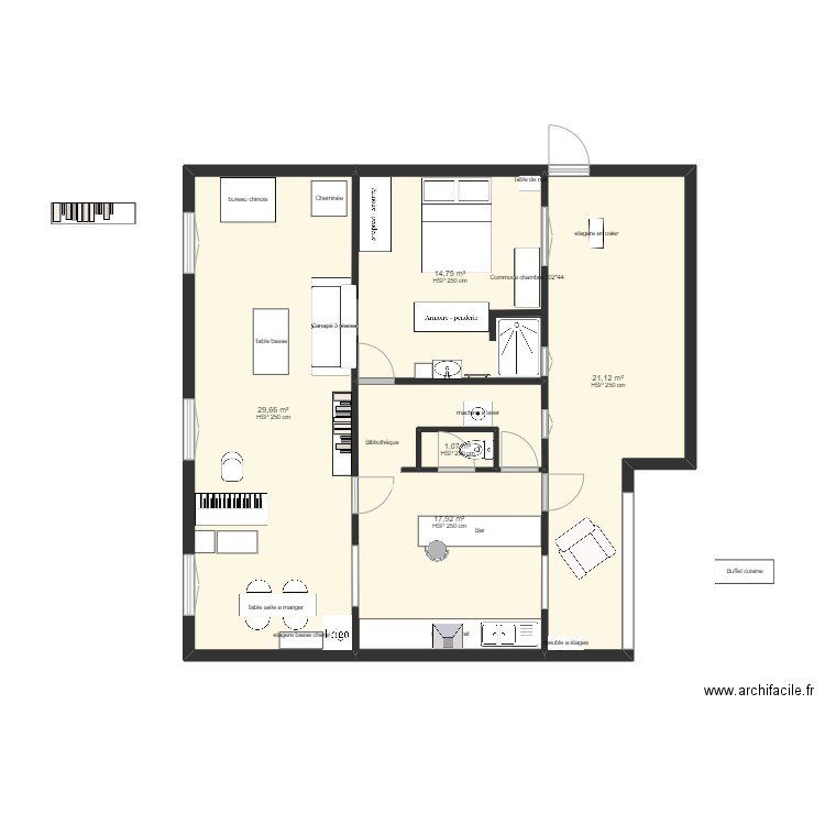 trezeny murs tombés. Plan de 5 pièces et 85 m2
