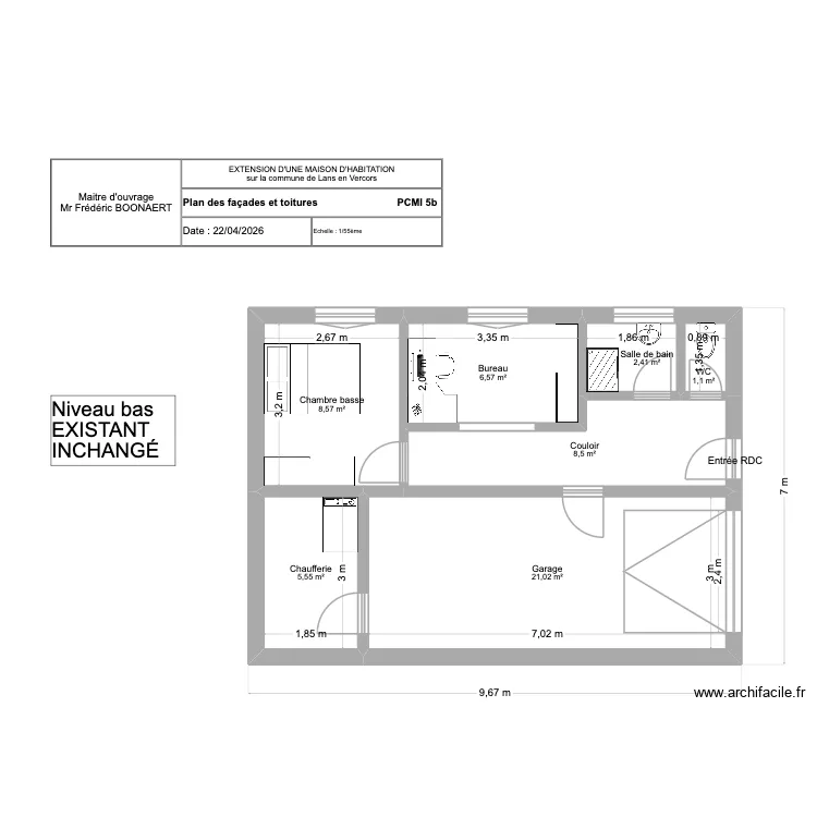 RDC actuel. Plan de 7  et 54 m²