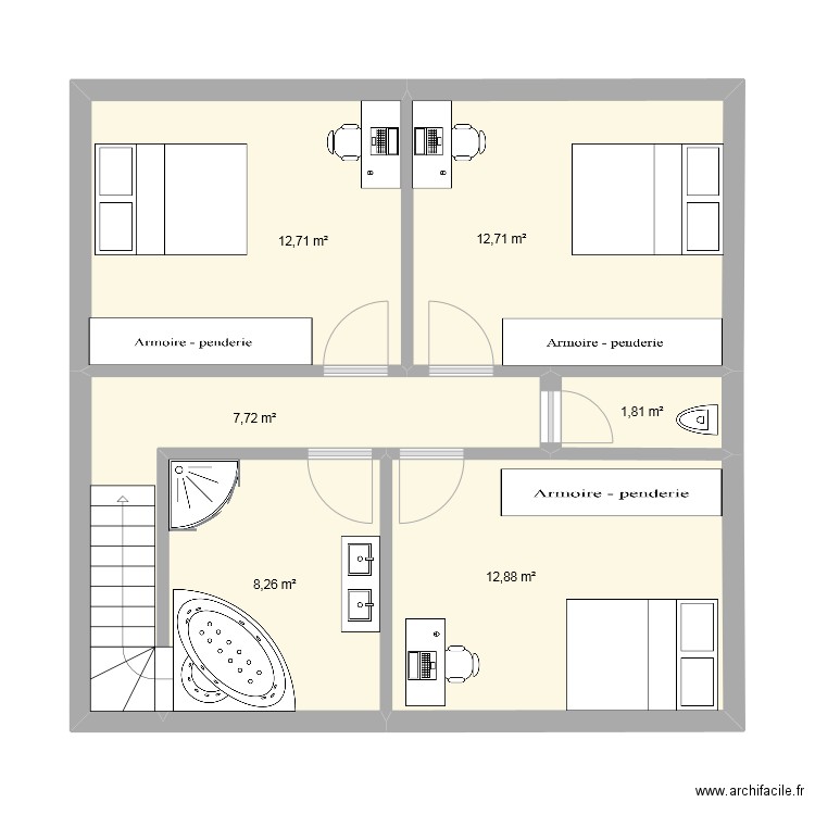 ETAGE. Plan de 6 pièces et 56 m2