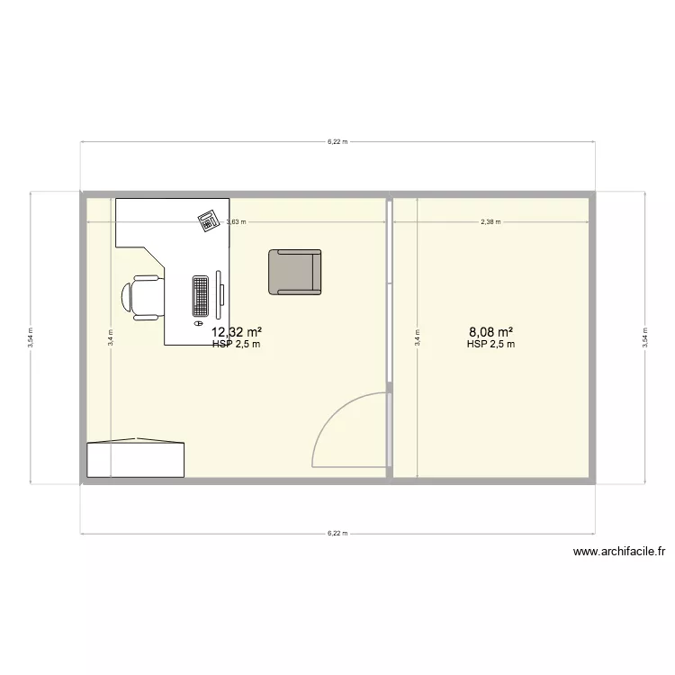 cloison Marly. Plan de 2 Pièces et 20 m²