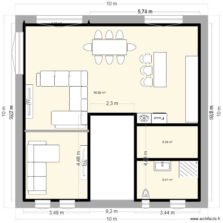 RDC 2. Plan de 4 pièces et 69 m2